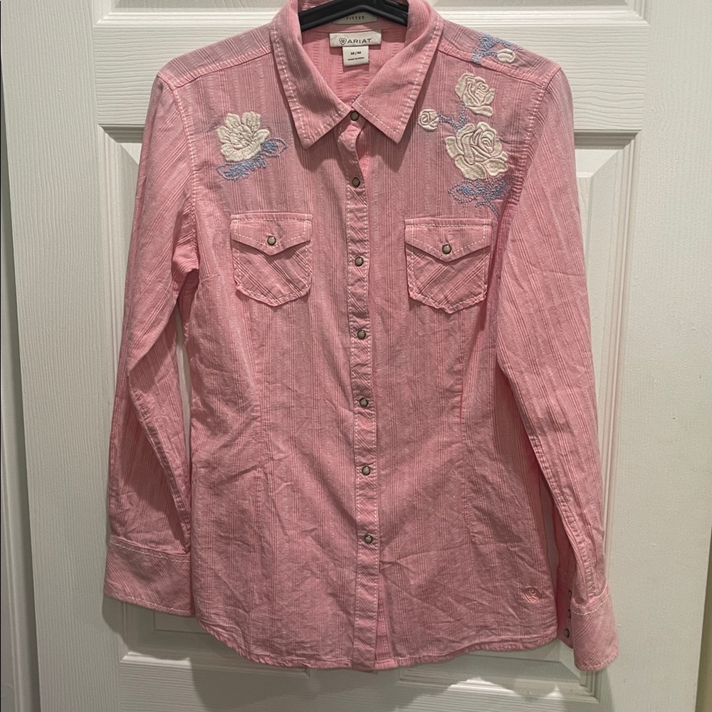 Ariat Medium Snap Front Pink Plaid Embroidered Shirt ~ Western Rodeo Fitted
